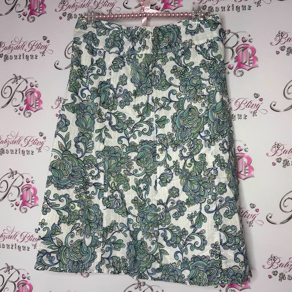 Eddie Bauer skirt paisley print boho green white blue spiral swirls floral